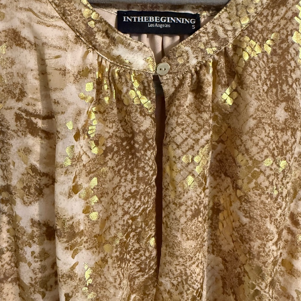 In The Beginning Glamorous Gold Sleeveless, Smocked, Ruffled Mini Dress, Sz Sm - Picture 2 of 10